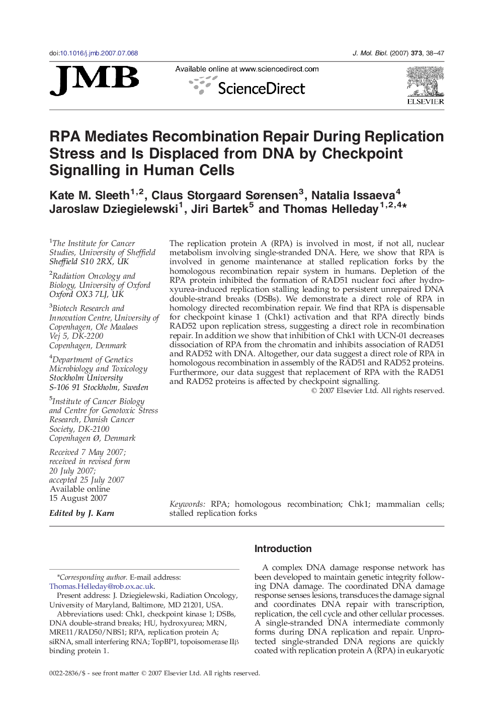 RPA Mediates Recombination Repair During Replication Stress and Is Displaced from DNA by Checkpoint Signalling in Human Cells