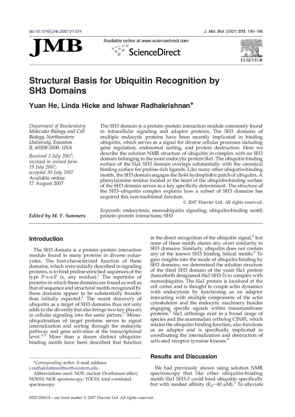 Structural Basis for Ubiquitin Recognition by SH3 Domains