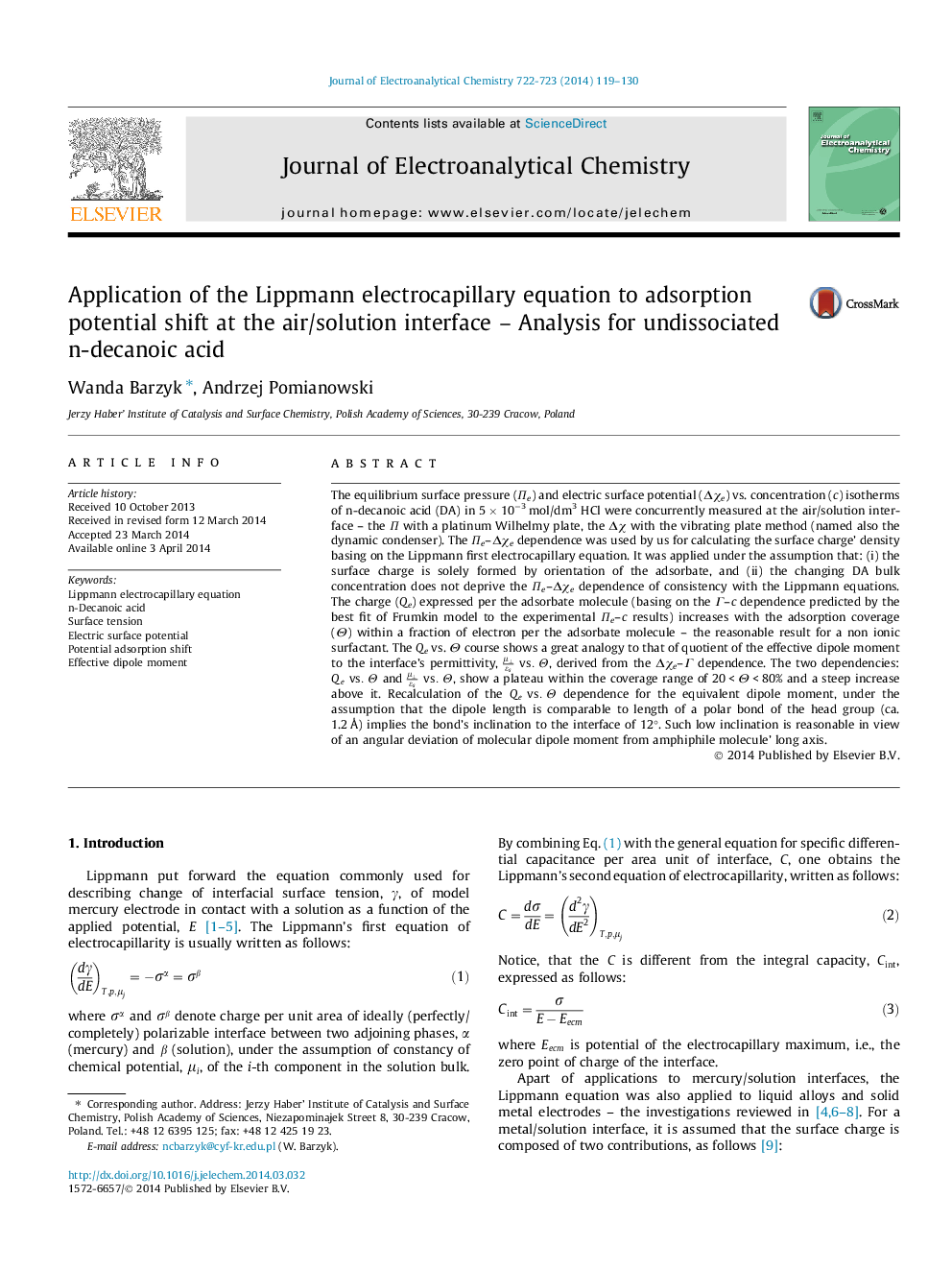 Application of the Lippmann electrocapillary equation to adsorption potential shift at the air/solution interface – Analysis for undissociated n-decanoic acid