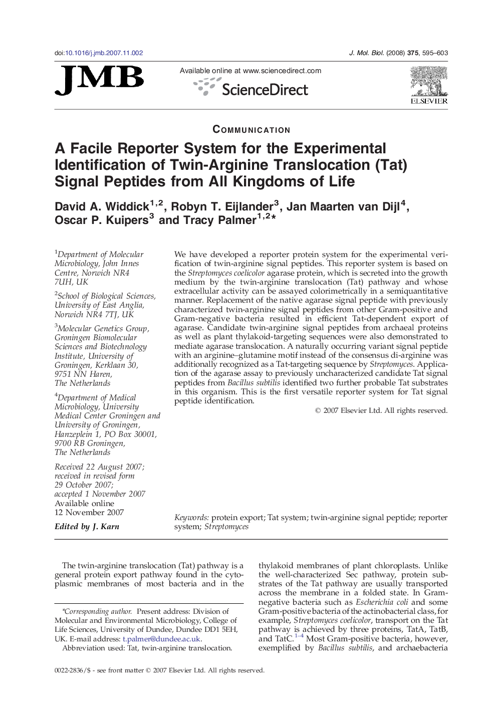 A Facile Reporter System for the Experimental Identification of Twin-Arginine Translocation (Tat) Signal Peptides from All Kingdoms of Life