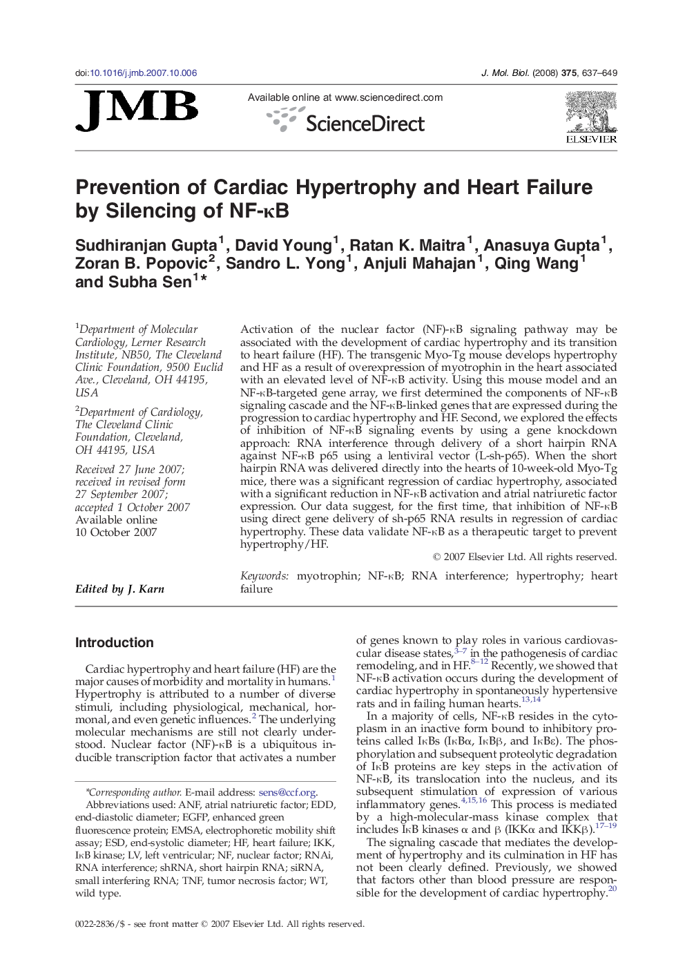 Prevention of Cardiac Hypertrophy and Heart Failure by Silencing of NF-κB