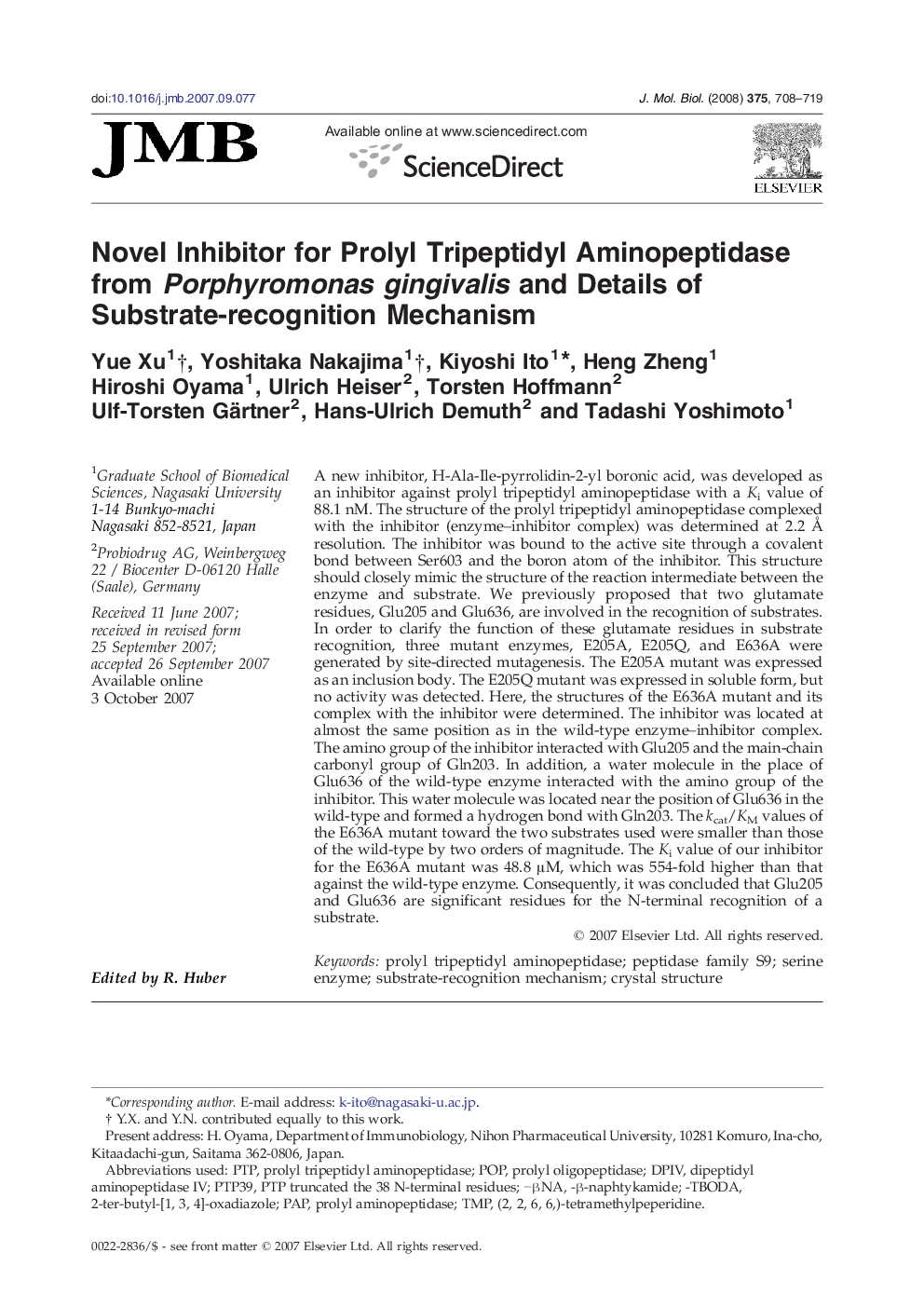 Novel Inhibitor for Prolyl Tripeptidyl Aminopeptidase from Porphyromonas gingivalis and Details of Substrate-recognition Mechanism