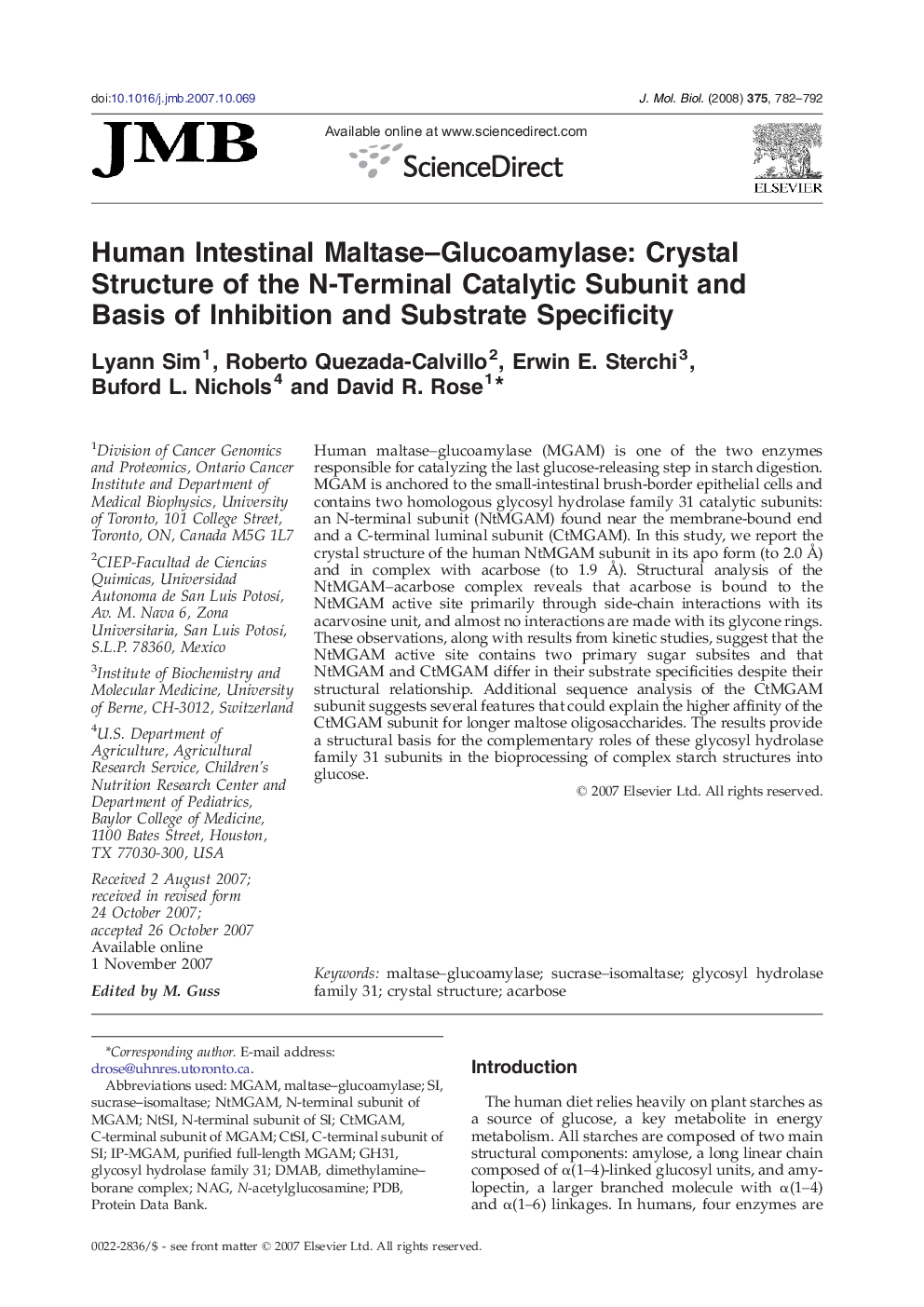Human Intestinal Maltase–Glucoamylase: Crystal Structure of the N-Terminal Catalytic Subunit and Basis of Inhibition and Substrate Specificity