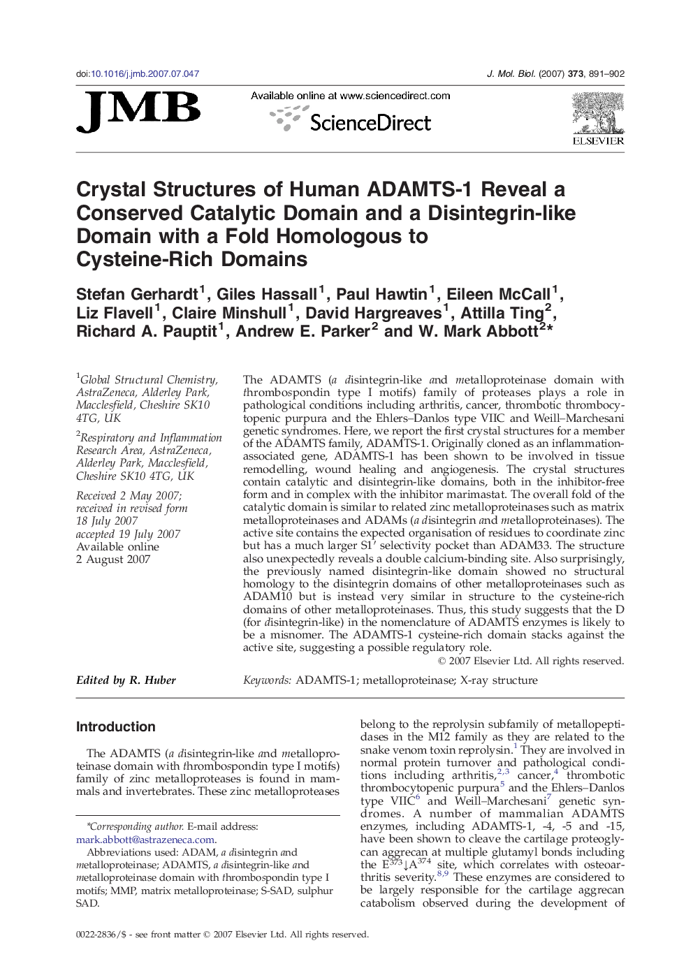 Crystal Structures of Human ADAMTS-1 Reveal a Conserved Catalytic Domain and a Disintegrin-like Domain with a Fold Homologous to Cysteine-Rich Domains