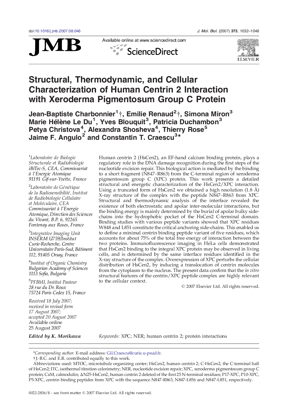 Structural, Thermodynamic, and Cellular Characterization of Human Centrin 2 Interaction with Xeroderma Pigmentosum Group C Protein