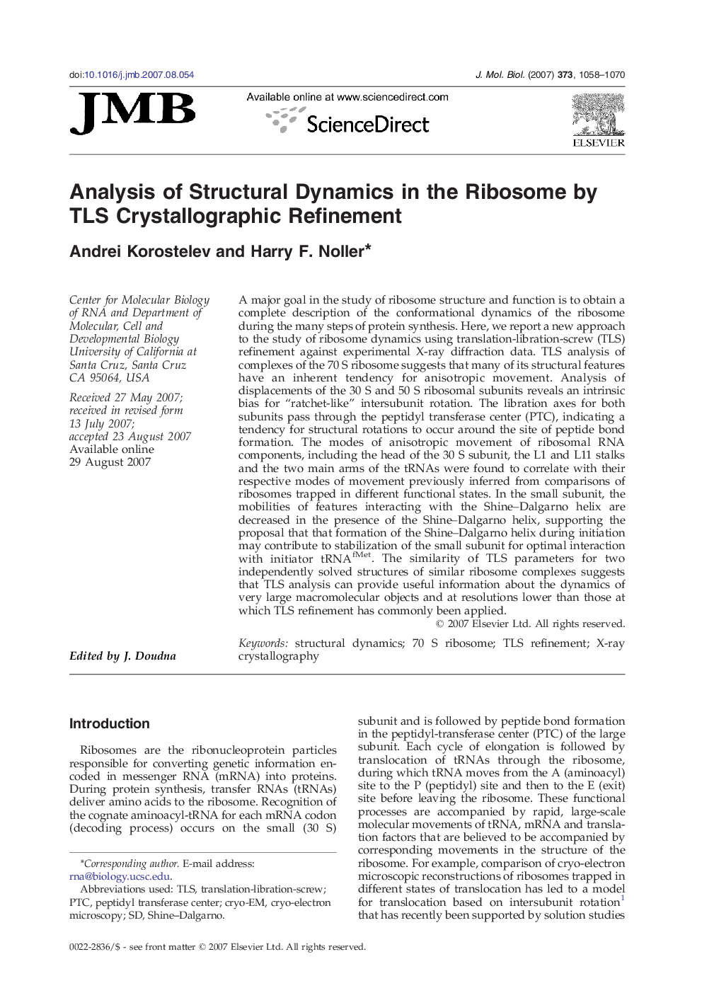 Analysis of Structural Dynamics in the Ribosome by TLS Crystallographic Refinement