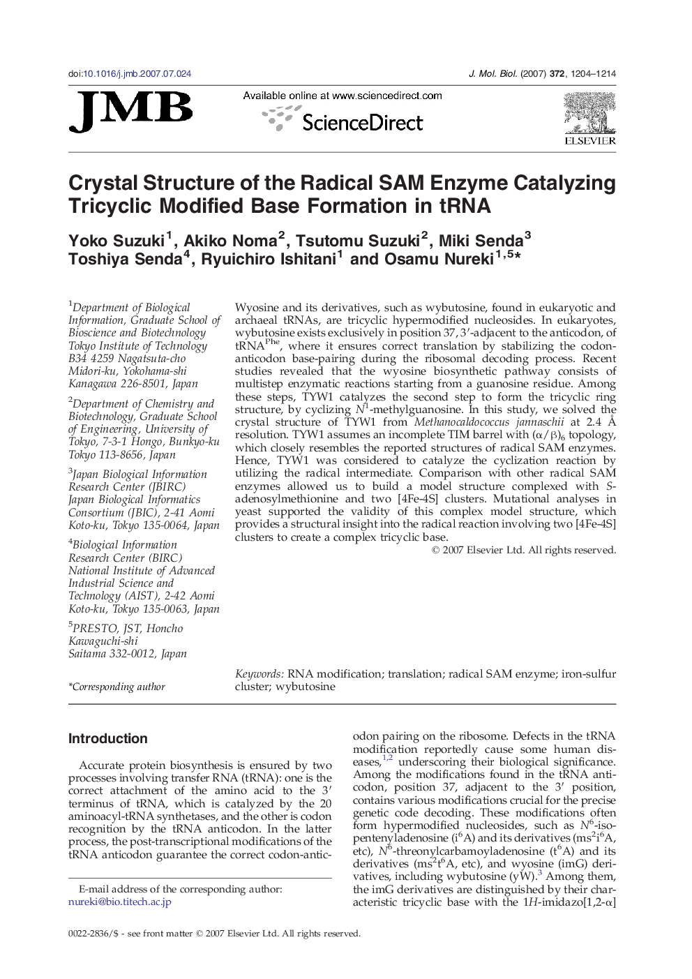 Crystal Structure of the Radical SAM Enzyme Catalyzing Tricyclic Modified Base Formation in tRNA