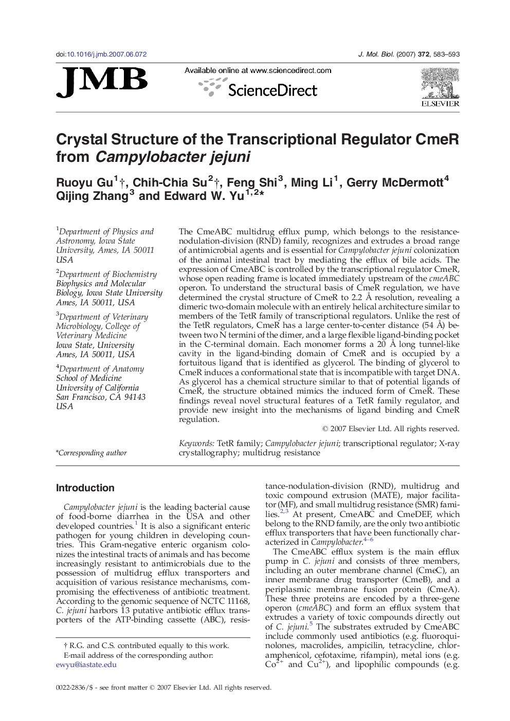 Crystal Structure of the Transcriptional Regulator CmeR from Campylobacter jejuni