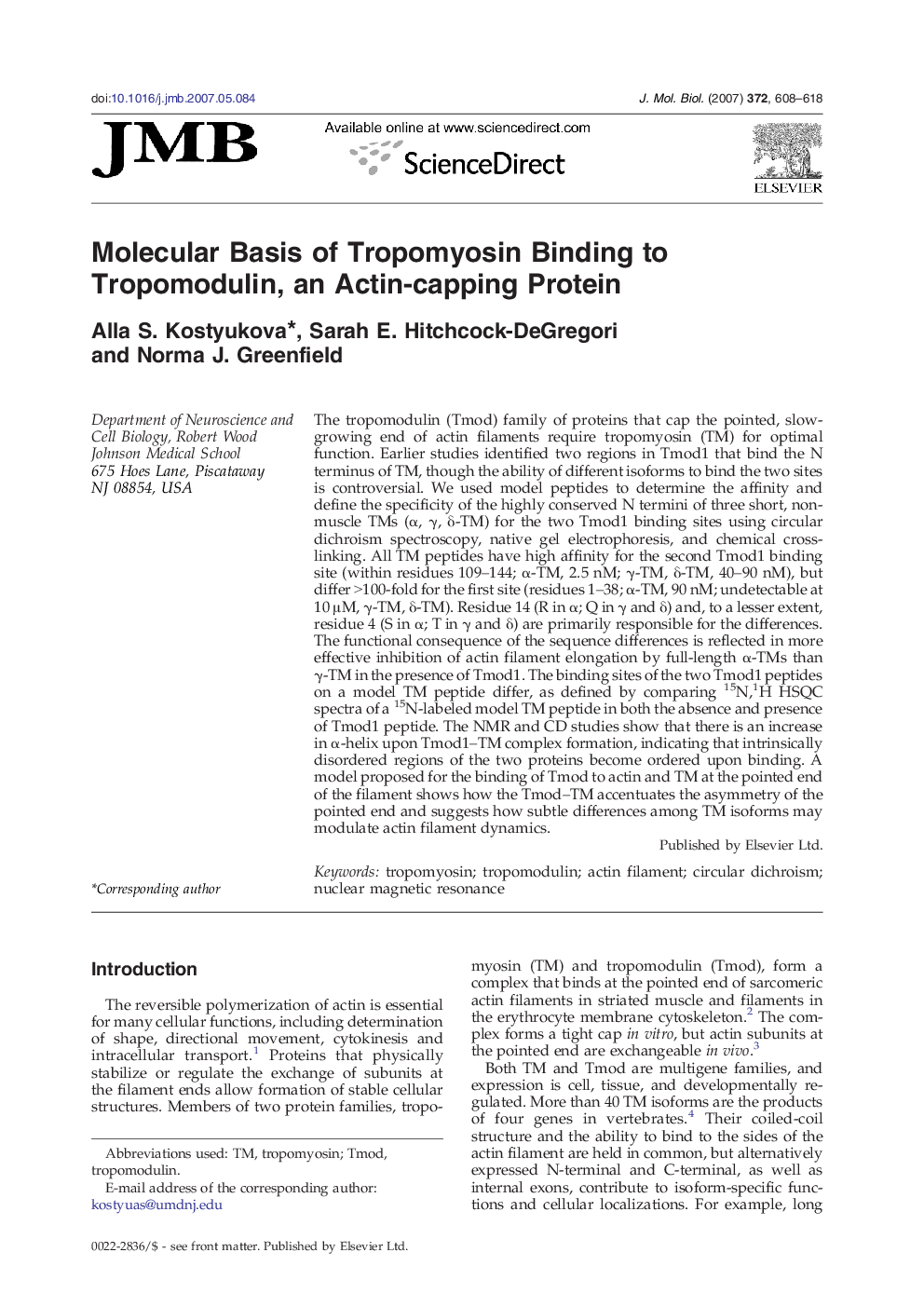 Molecular Basis of Tropomyosin Binding to Tropomodulin, an Actin-capping Protein