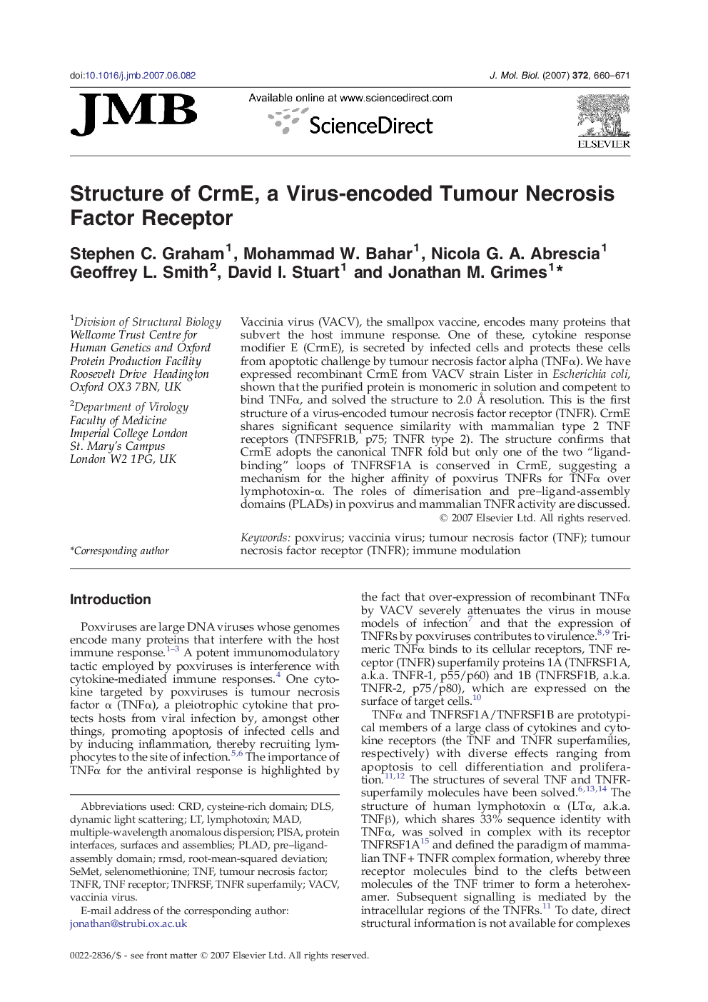 Structure of CrmE, a Virus-encoded Tumour Necrosis Factor Receptor