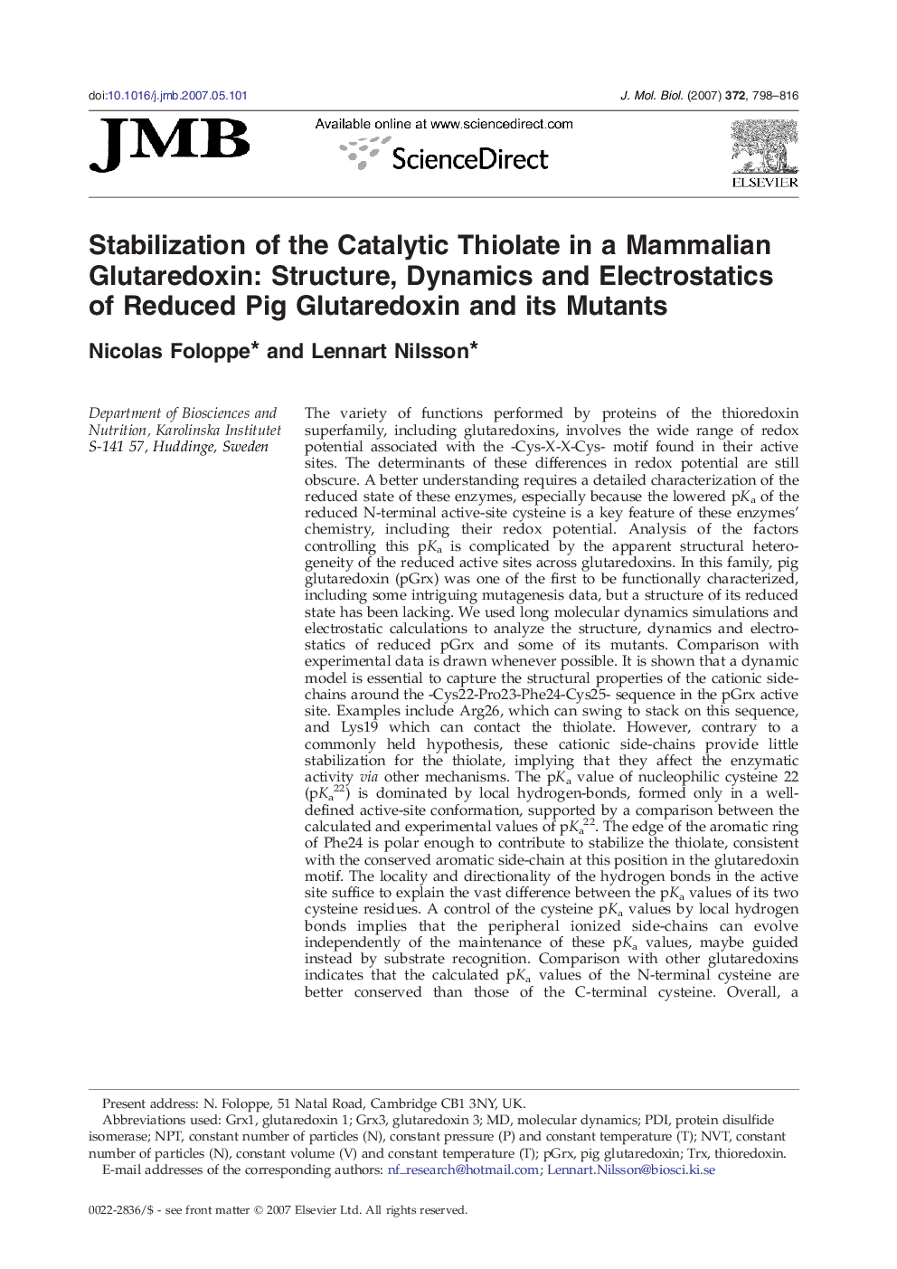 Stabilization of the Catalytic Thiolate in a Mammalian Glutaredoxin: Structure, Dynamics and Electrostatics of Reduced Pig Glutaredoxin and its Mutants