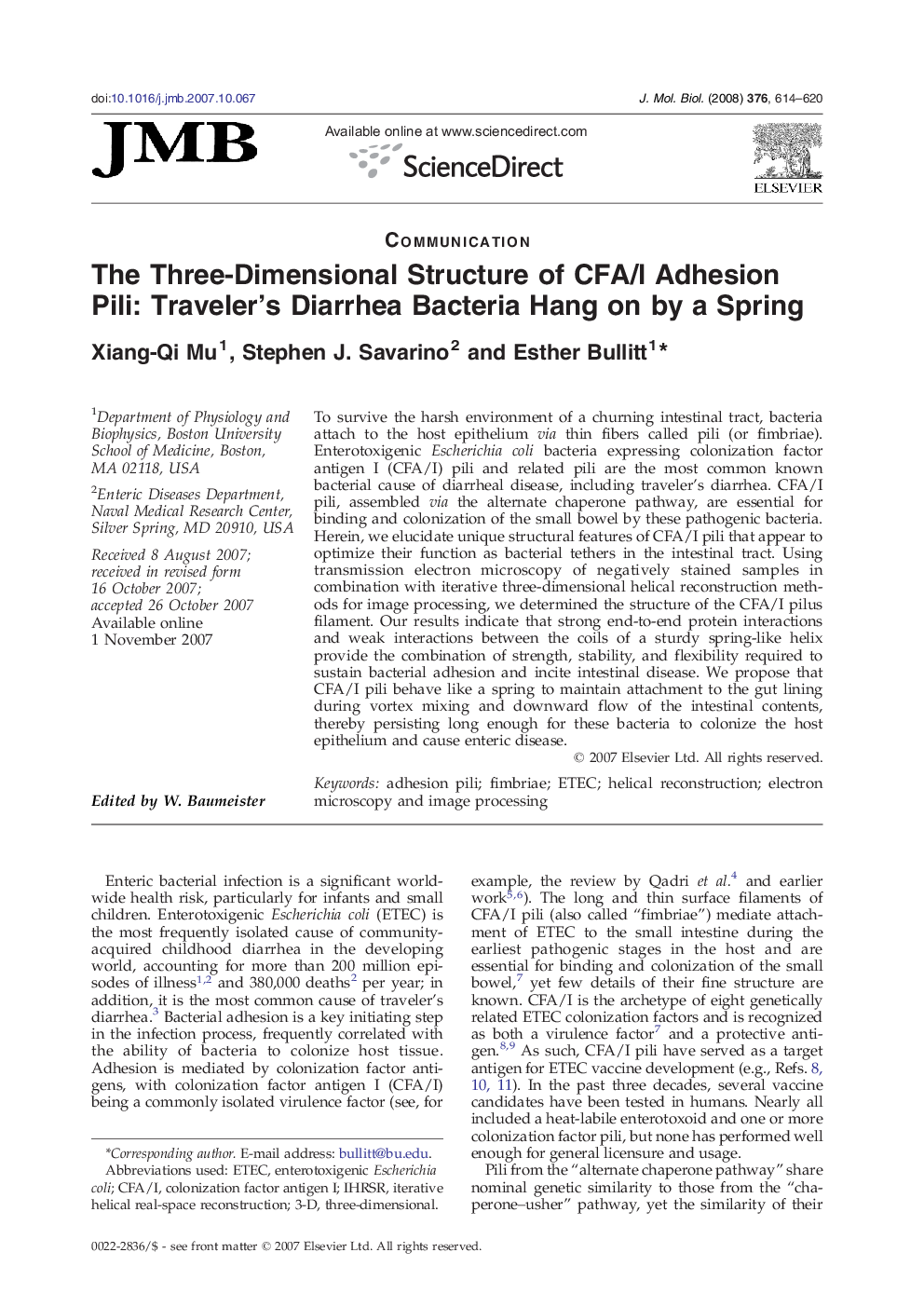 The Three-Dimensional Structure of CFA/I Adhesion Pili: Traveler’s Diarrhea Bacteria Hang on by a Spring 