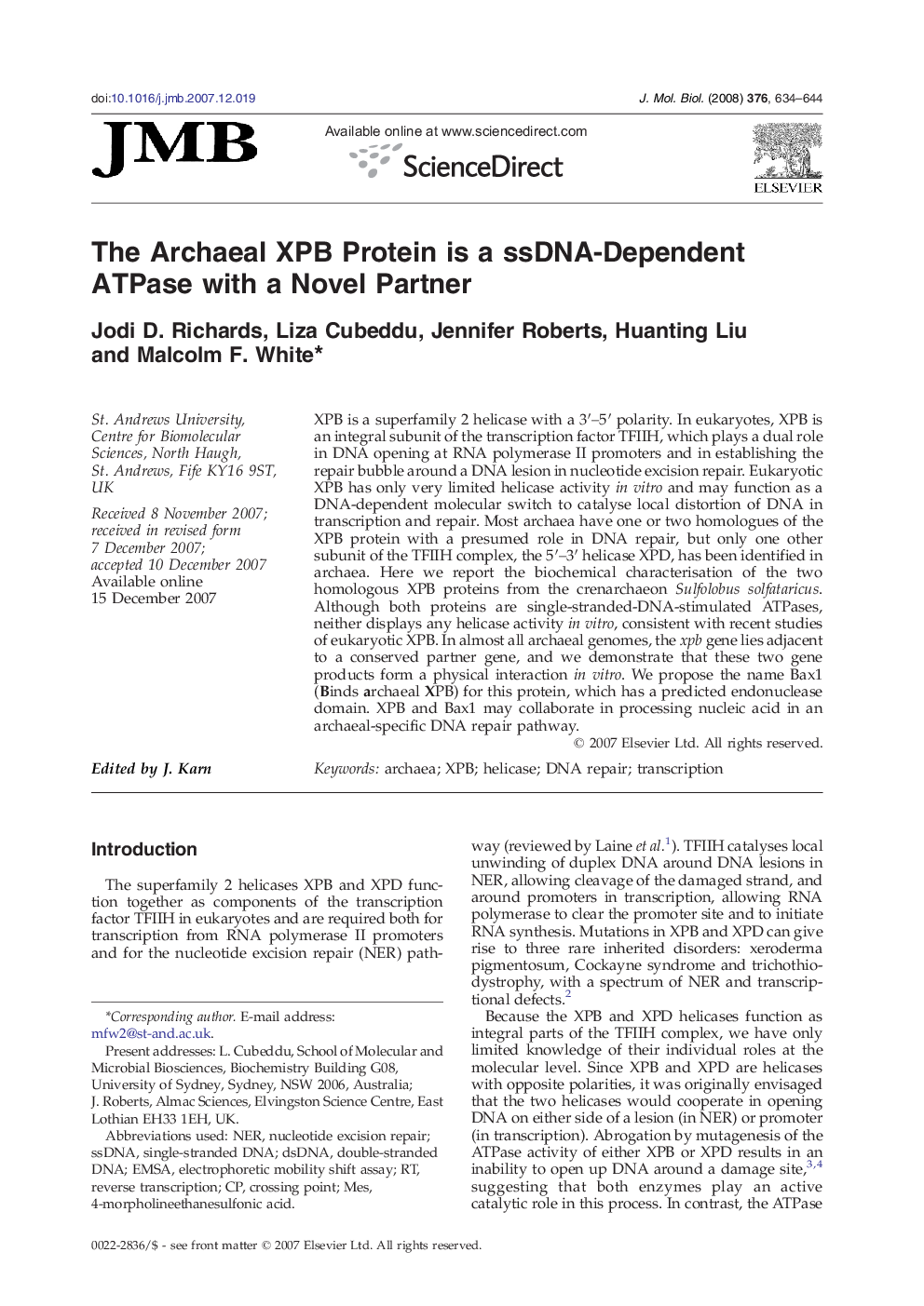 The Archaeal XPB Protein is a ssDNA-Dependent ATPase with a Novel Partner