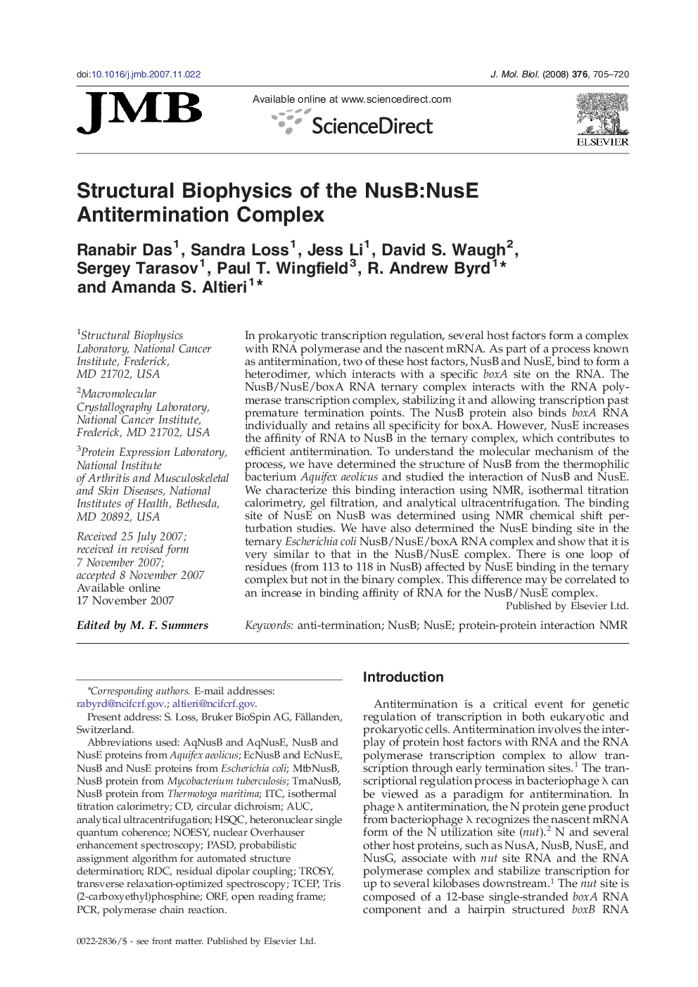 Structural Biophysics of the NusB:NusE Antitermination Complex