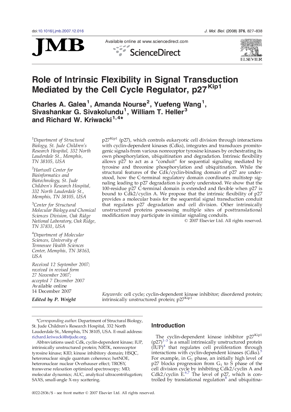 Role of Intrinsic Flexibility in Signal Transduction Mediated by the Cell Cycle Regulator, p27Kip1