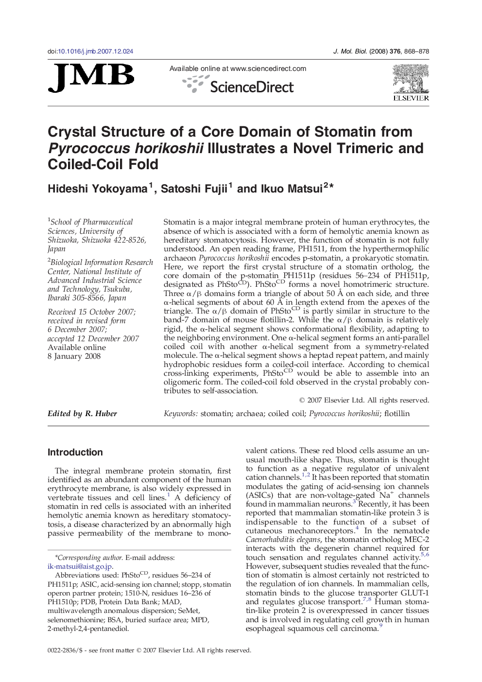 Crystal Structure of a Core Domain of Stomatin from Pyrococcus horikoshii Illustrates a Novel Trimeric and Coiled-Coil Fold