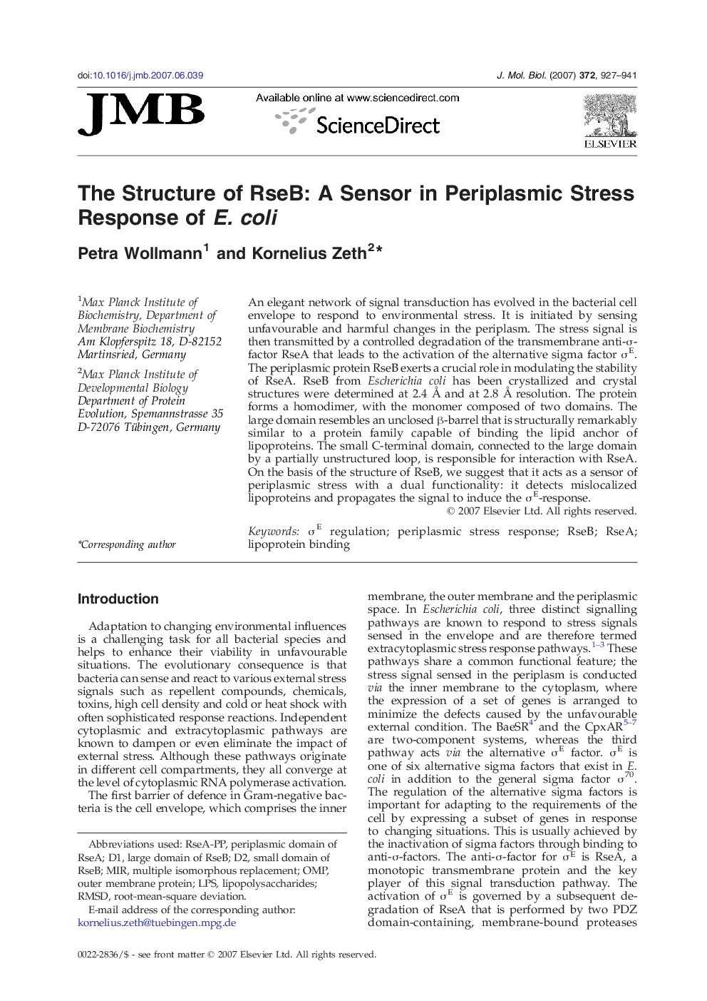 The Structure of RseB: A Sensor in Periplasmic Stress Response of E. coli