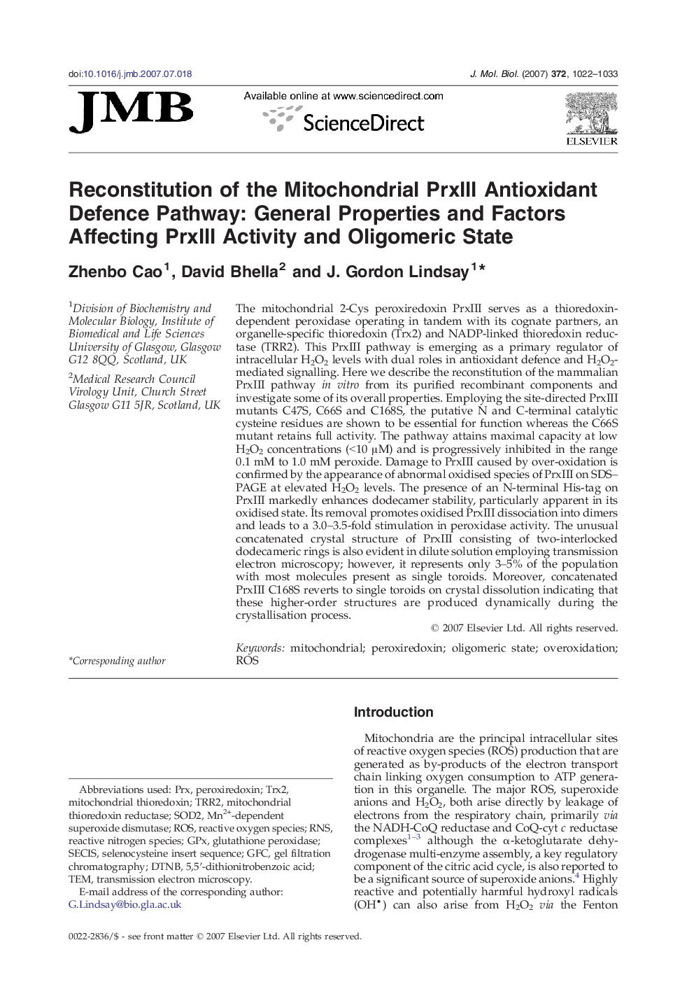 Reconstitution of the Mitochondrial PrxIII Antioxidant Defence Pathway: General Properties and Factors Affecting PrxIII Activity and Oligomeric State