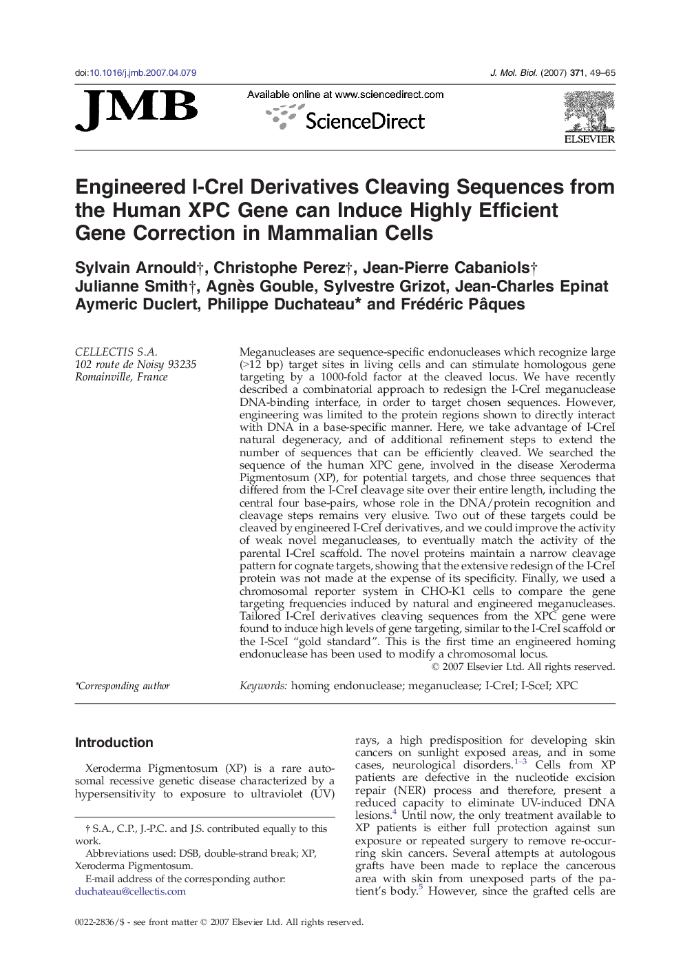 Engineered I-CreI Derivatives Cleaving Sequences from the Human XPC Gene can Induce Highly Efficient Gene Correction in Mammalian Cells