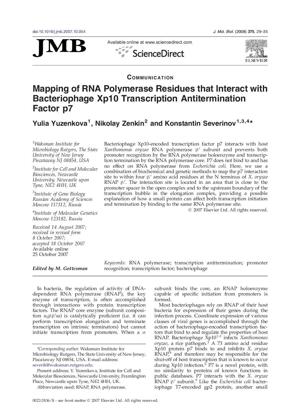 Mapping of RNA Polymerase Residues that Interact with Bacteriophage Xp10 Transcription Antitermination Factor p7