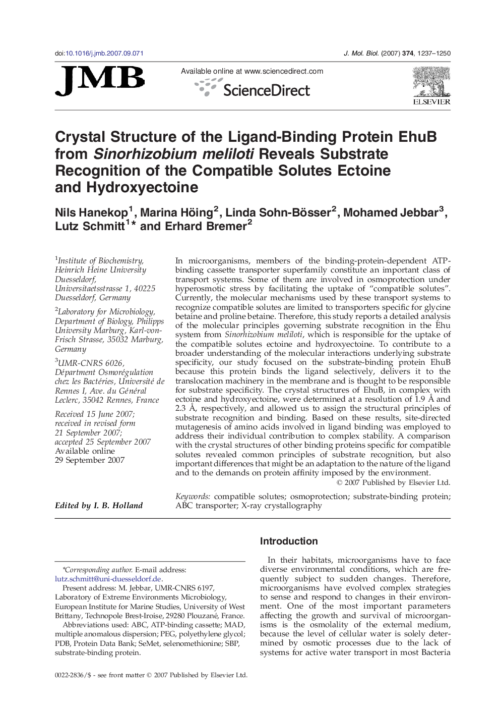 Crystal Structure of the Ligand-Binding Protein EhuB from Sinorhizobium meliloti Reveals Substrate Recognition of the Compatible Solutes Ectoine and Hydroxyectoine