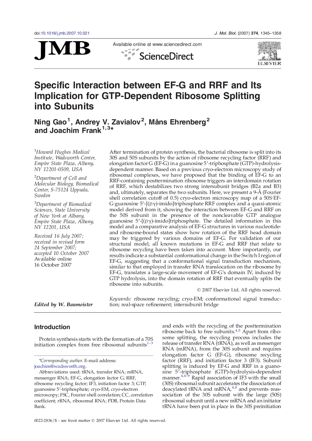 Specific Interaction between EF-G and RRF and Its Implication for GTP-Dependent Ribosome Splitting into Subunits