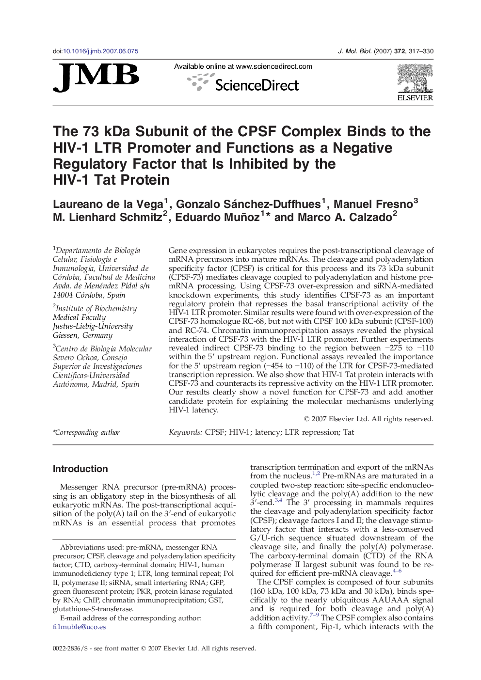 The 73 kDa Subunit of the CPSF Complex Binds to the HIV-1 LTR Promoter and Functions as a Negative Regulatory Factor that Is Inhibited by the HIV-1 Tat Protein