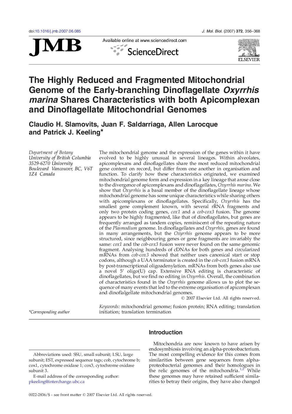 The Highly Reduced and Fragmented Mitochondrial Genome of the Early-branching Dinoflagellate Oxyrrhis marina Shares Characteristics with both Apicomplexan and Dinoflagellate Mitochondrial Genomes