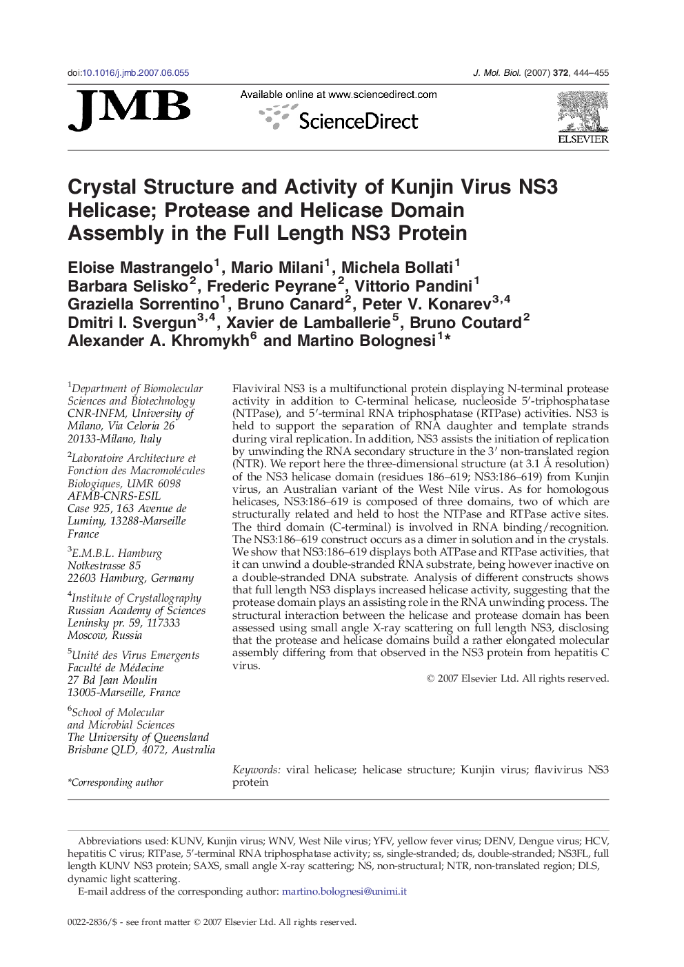 Crystal Structure and Activity of Kunjin Virus NS3 Helicase; Protease and Helicase Domain Assembly in the Full Length NS3 Protein