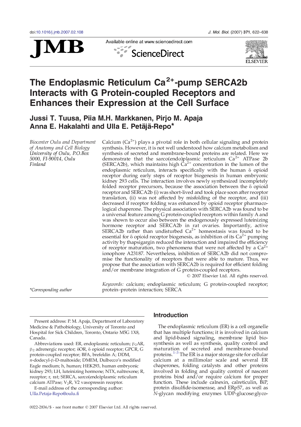 The Endoplasmic Reticulum Ca2+-pump SERCA2b Interacts with G Protein-coupled Receptors and Enhances their Expression at the Cell Surface