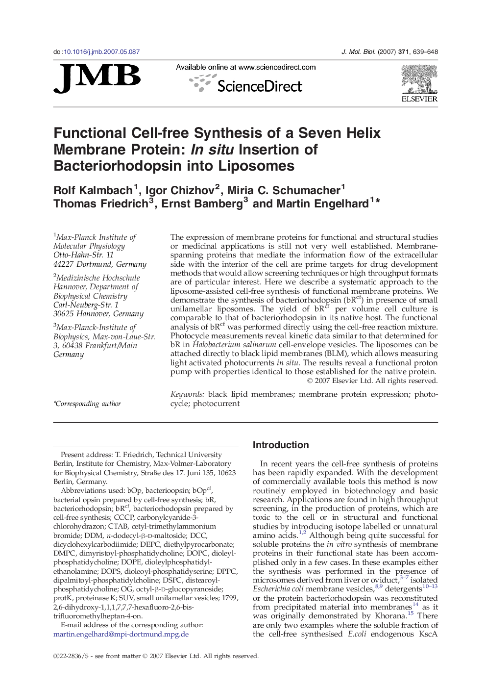 Functional Cell-free Synthesis of a Seven Helix Membrane Protein: In situ Insertion of Bacteriorhodopsin into Liposomes