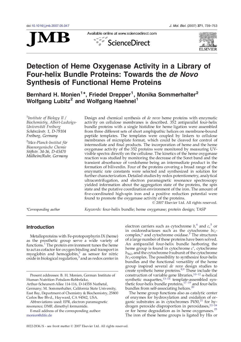 Detection of Heme Oxygenase Activity in a Library of Four-helix Bundle Proteins: Towards the de Novo Synthesis of Functional Heme Proteins