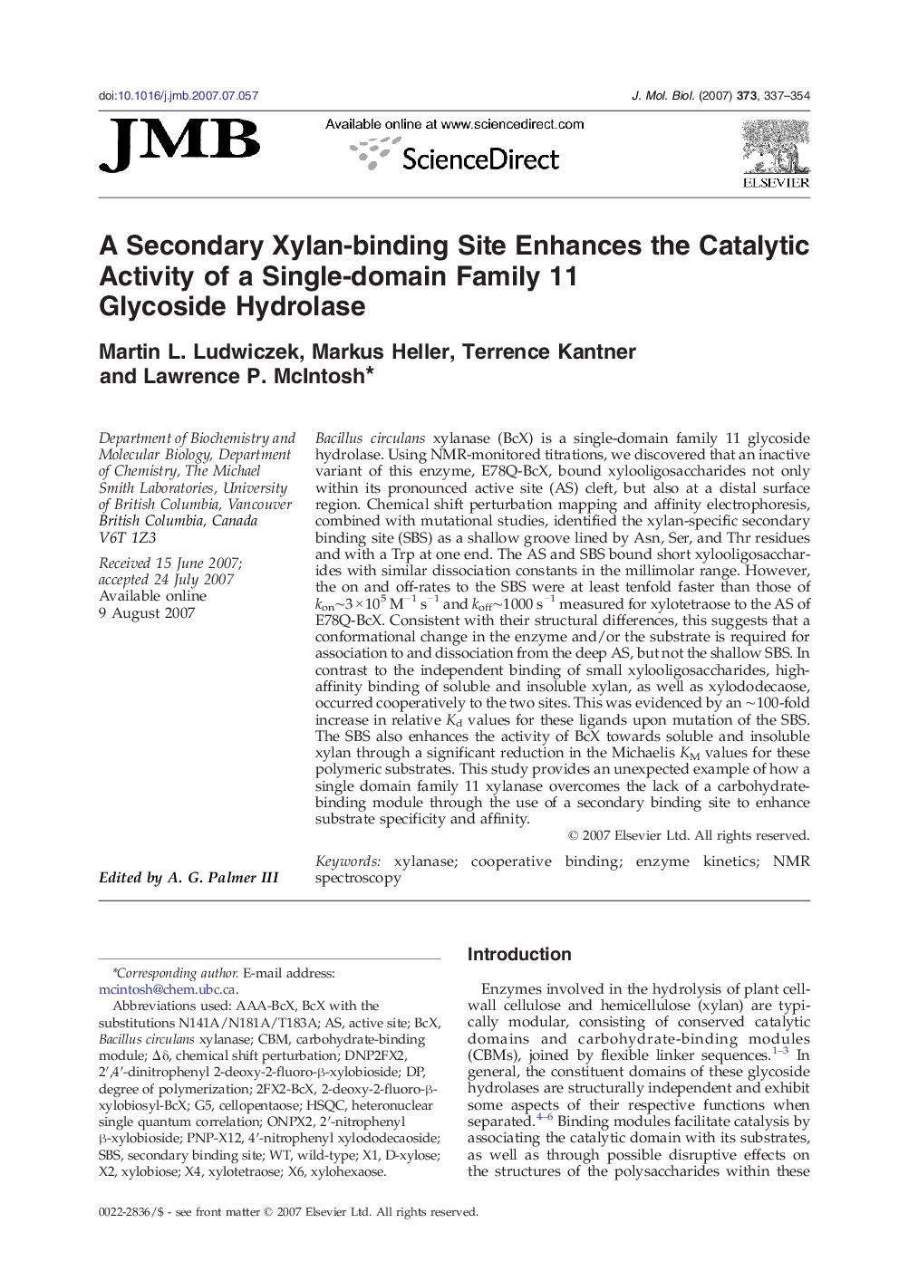 A Secondary Xylan-binding Site Enhances the Catalytic Activity of a Single-domain Family 11 Glycoside Hydrolase