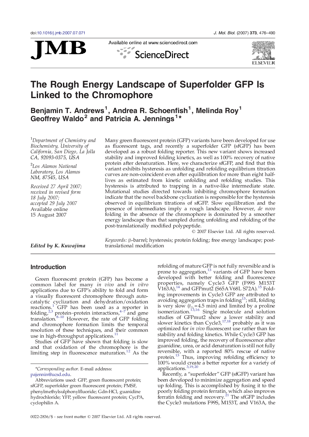 The Rough Energy Landscape of Superfolder GFP Is Linked to the Chromophore