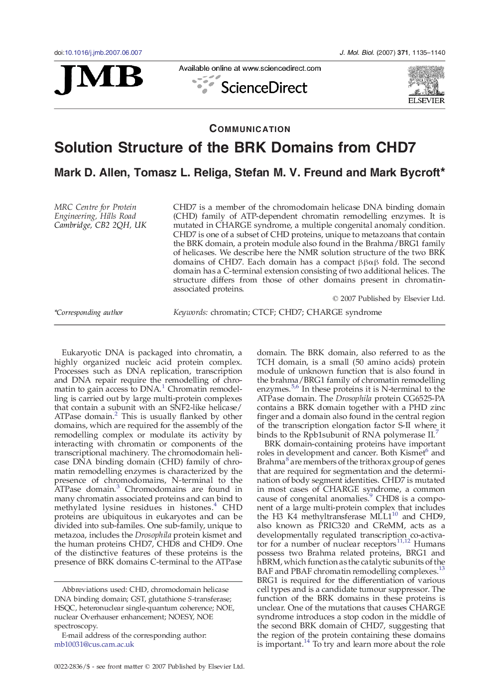 Solution Structure of the BRK Domains from CHD7