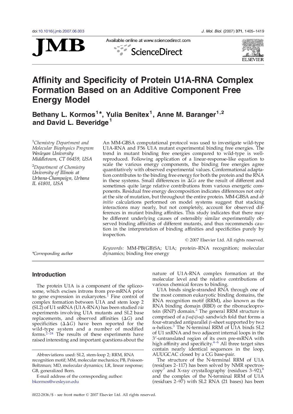 Affinity and Specificity of Protein U1A-RNA Complex Formation Based on an Additive Component Free Energy Model