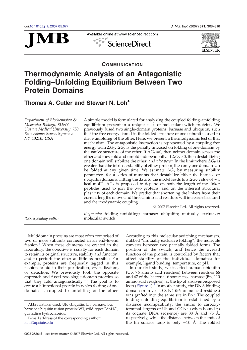 Thermodynamic Analysis of an Antagonistic Folding–Unfolding Equilibrium Between Two Protein Domains