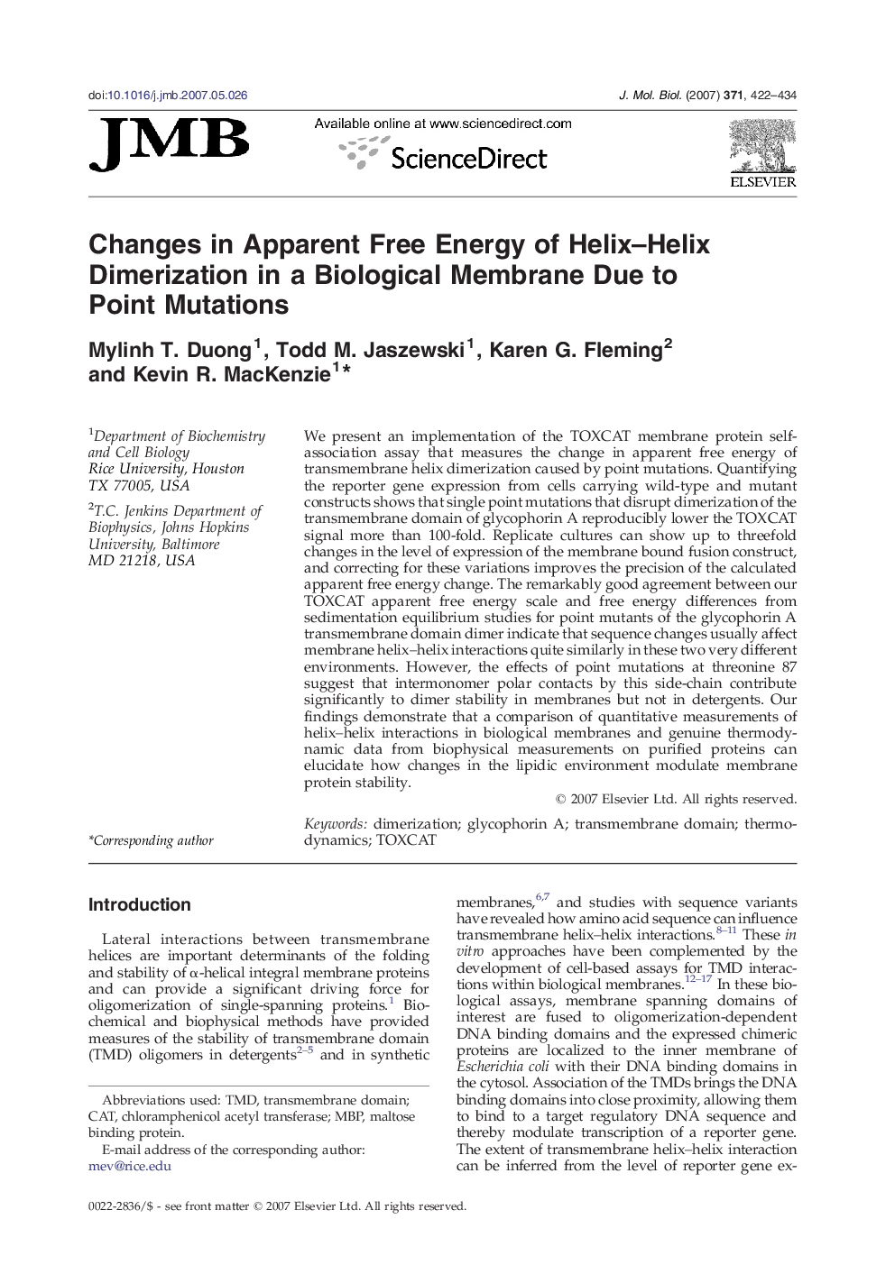 Changes in Apparent Free Energy of Helix–Helix Dimerization in a Biological Membrane Due to Point Mutations