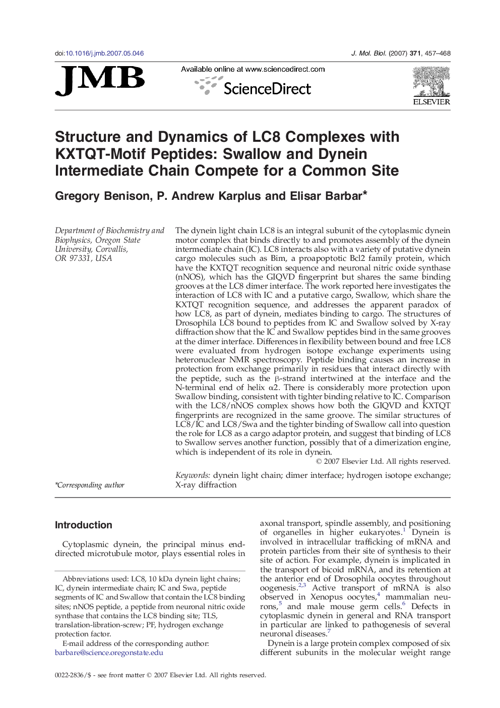 Structure and Dynamics of LC8 Complexes with KXTQT-Motif Peptides: Swallow and Dynein Intermediate Chain Compete for a Common Site