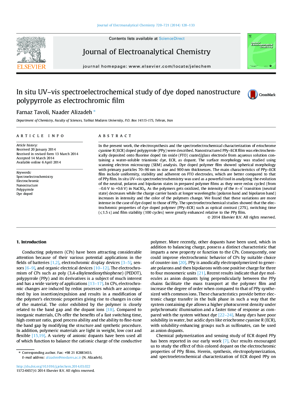 In situ UV–vis spectroelectrochemical study of dye doped nanostructure polypyrrole as electrochromic film