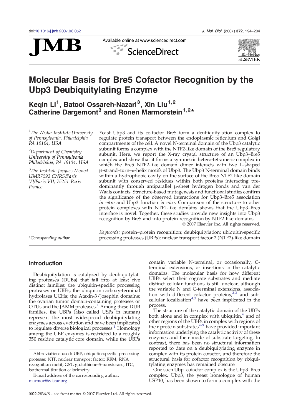 Molecular Basis for Bre5 Cofactor Recognition by the Ubp3 Deubiquitylating Enzyme