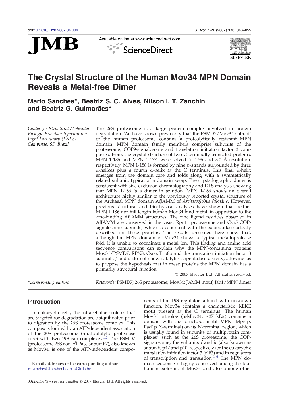 The Crystal Structure of the Human Mov34 MPN Domain Reveals a Metal-free Dimer