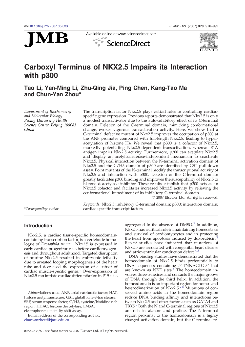 Carboxyl Terminus of NKX2.5 Impairs its Interaction with p300