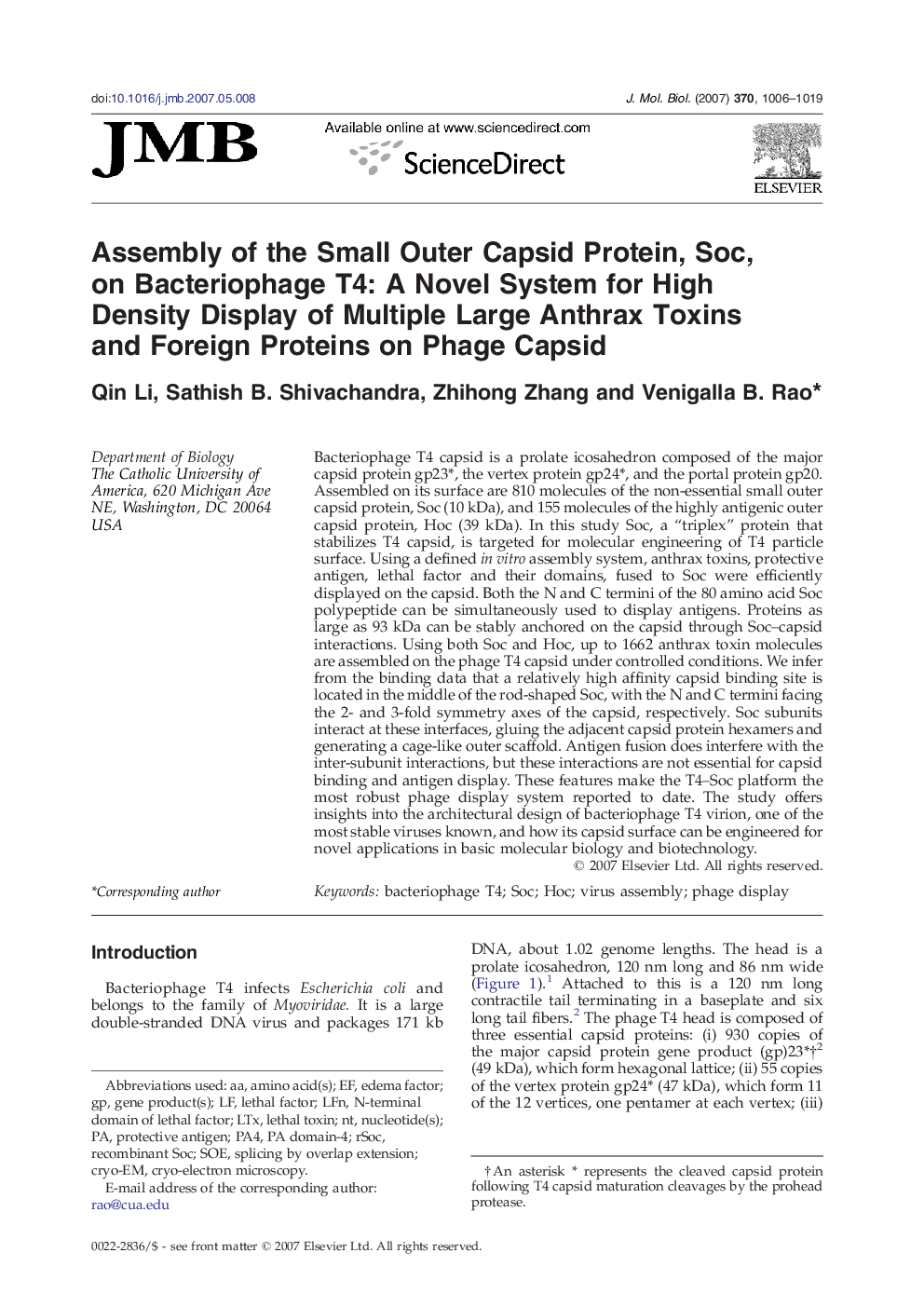 Assembly of the Small Outer Capsid Protein, Soc, on Bacteriophage T4: A Novel System for High Density Display of Multiple Large Anthrax Toxins and Foreign Proteins on Phage Capsid