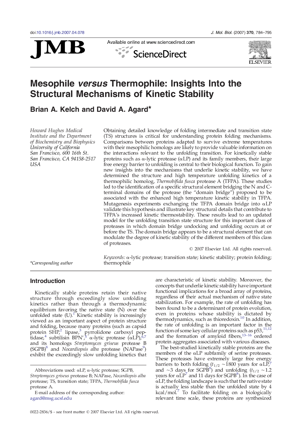 Mesophile versus Thermophile: Insights Into the Structural Mechanisms of Kinetic Stability