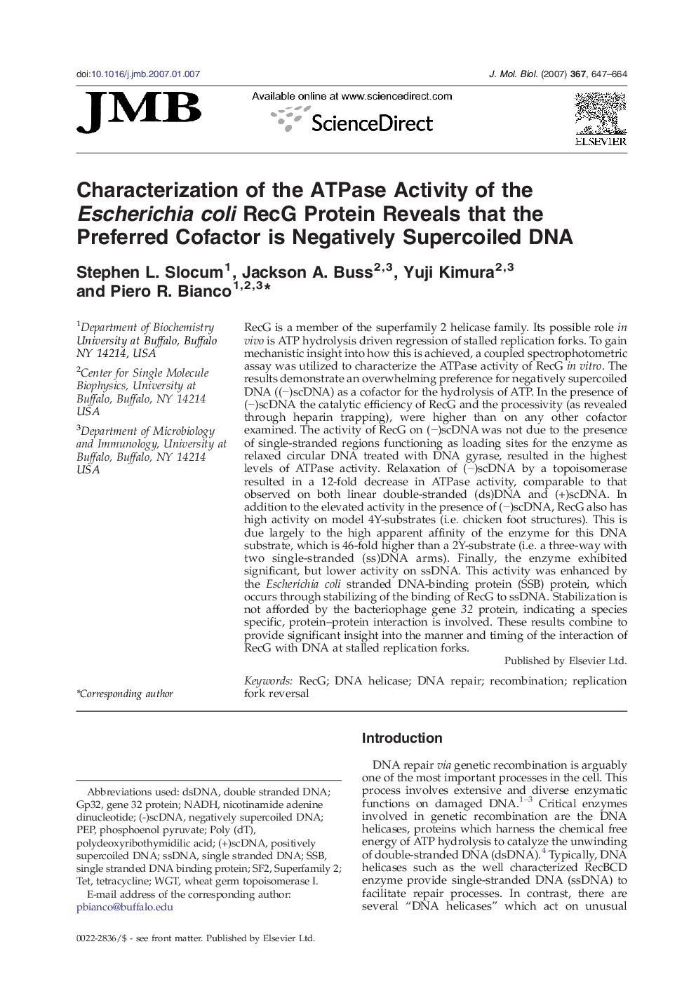 Characterization of the ATPase Activity of the Escherichia coli RecG Protein Reveals that the Preferred Cofactor is Negatively Supercoiled DNA