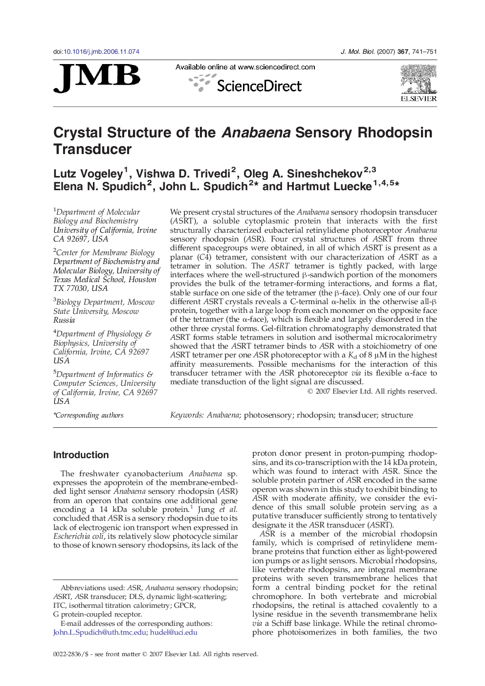 Crystal Structure of the Anabaena Sensory Rhodopsin Transducer