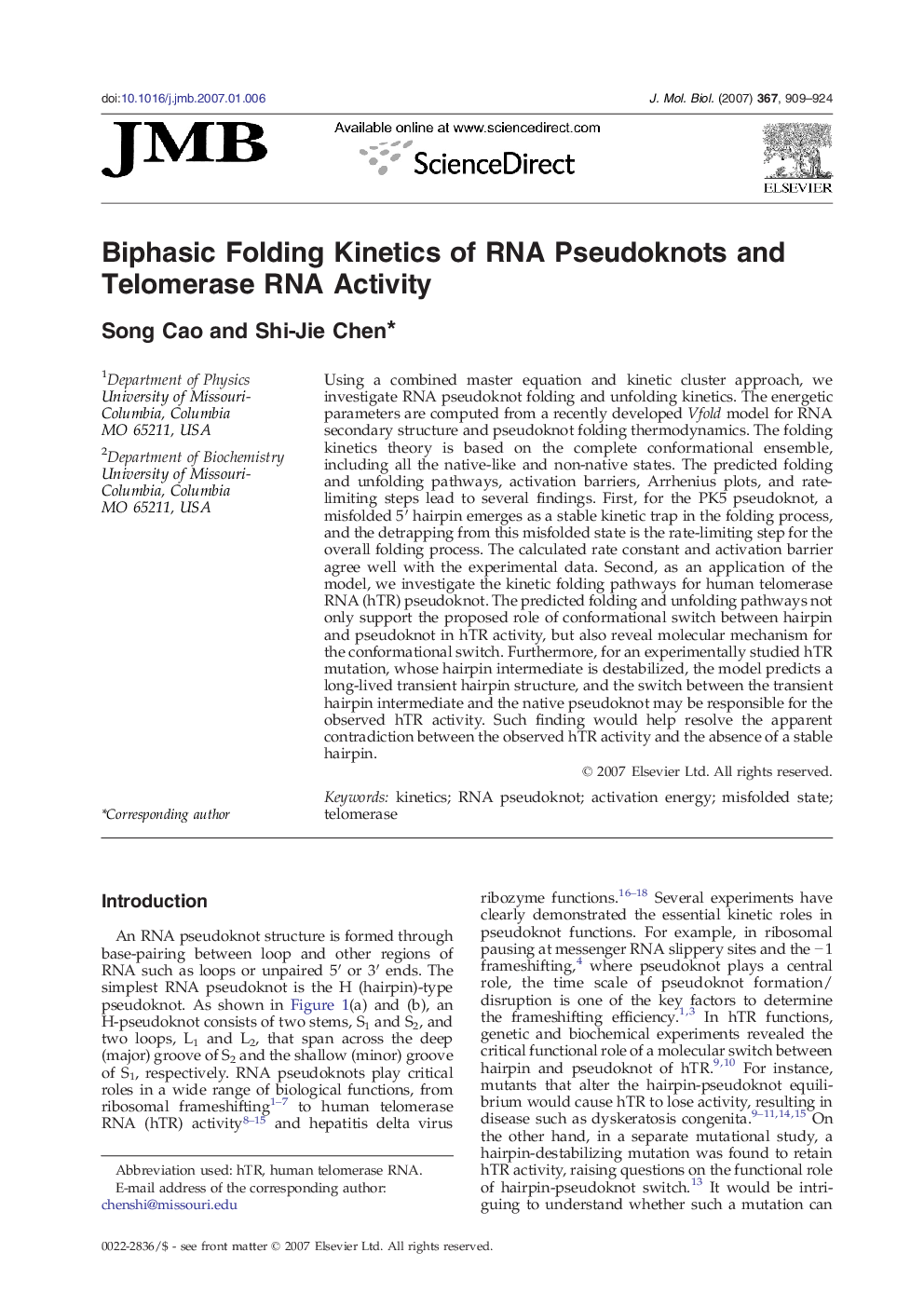 Biphasic Folding Kinetics of RNA Pseudoknots and Telomerase RNA Activity