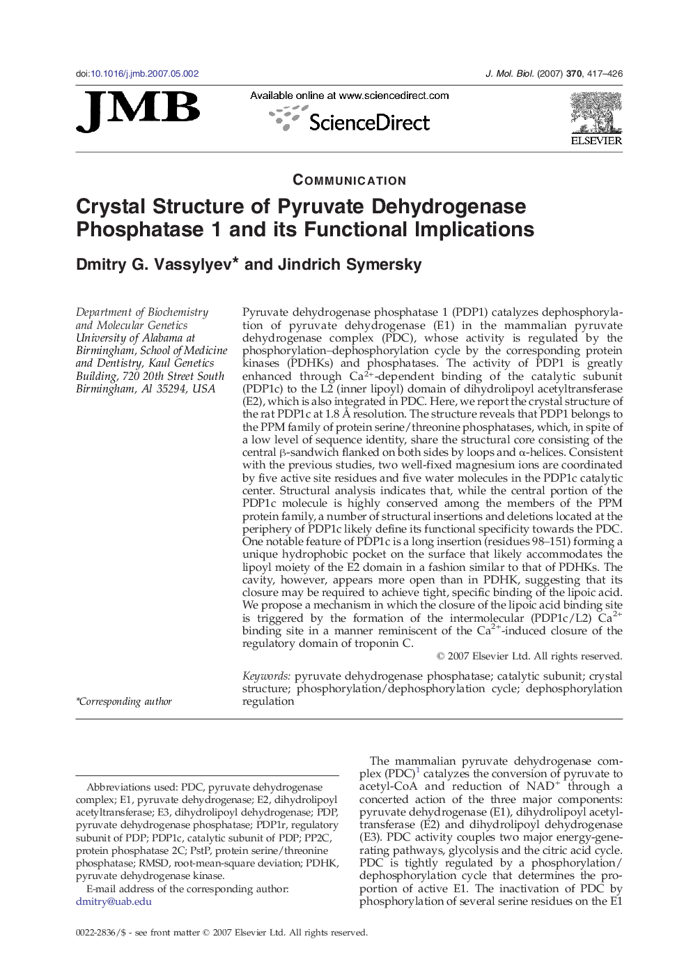 Crystal Structure of Pyruvate Dehydrogenase Phosphatase 1 and its Functional Implications