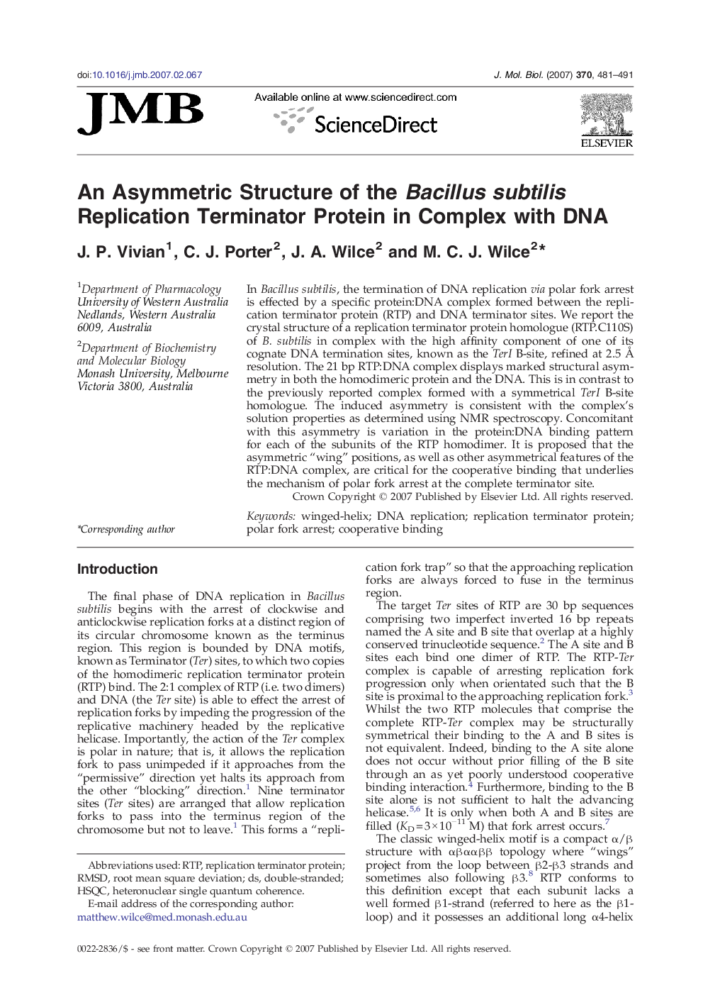 An Asymmetric Structure of the Bacillus subtilis Replication Terminator Protein in Complex with DNA